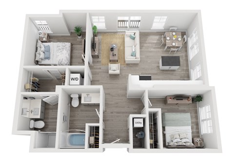Floor plan for 2 beds, 2 baths, 1075 sqft